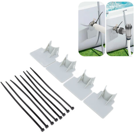 Soporte para manguera de piscina de ABS resistente con diseño ajustable. Incluye abrazaderas para manguera de bañera (8 unidades) e instrucciones.