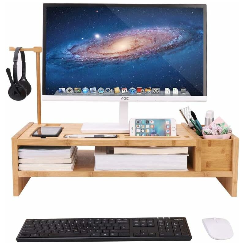 

Soporte para monitor de bambú, para computadora portátil con soporte para auriculares - 63x28x16,5cm