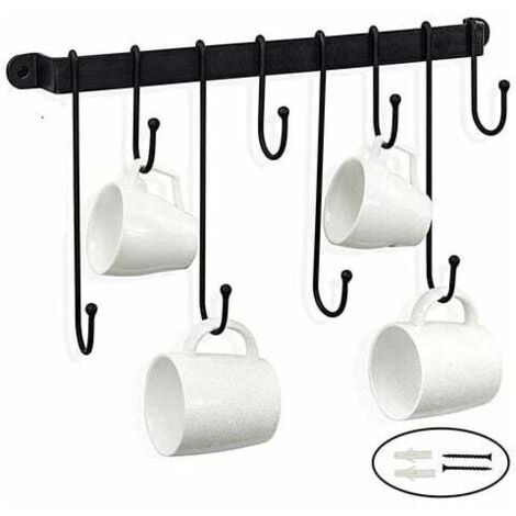 Soporte para ollas de 40 cm con 8 ganchos adhesivos para montaje en pared, barra resistente para utensilios de cocina, estantes, cacerolas, tapas y utensilios de cocina, color negro