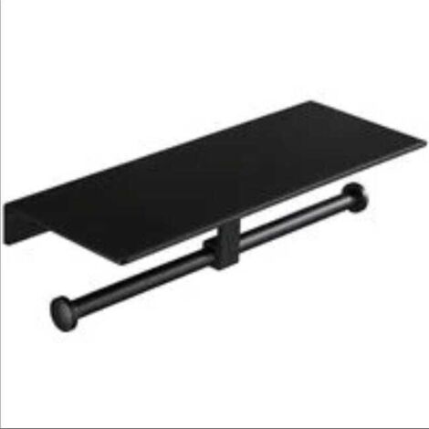 Soporte para papel higiénico sin taladrar con estante doble para teléfono móvil para montaje en pared para baño (negro)