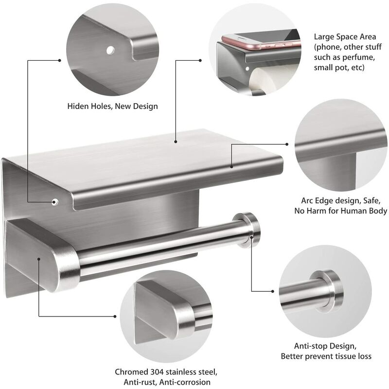

Soporte para papel higiénico sin taladro con estante, soporte para papel higiénico Soporte para papel higiénico de acero inoxidable con superficie de