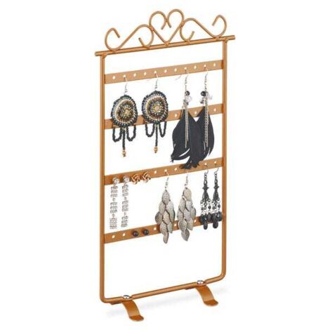 Soporte para pendientes, expositor de joyas, 44 ranuras, hierro, 30,5 x 16,5 x 6,5 cm, bronce, Relaxdays