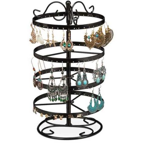 Soporte para pendientes, hierro, 168 ranuras, giratorio, árbol para joyas, 30 x 16,5 cm (alto x profundidad), negro, Relaxdays