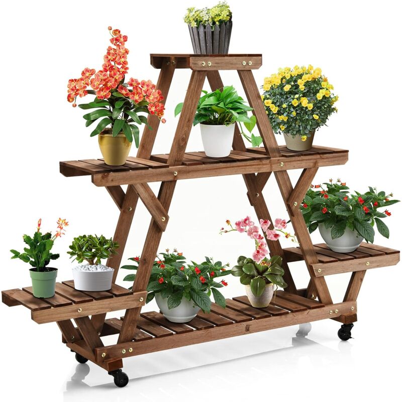 

Soporte para Plantas de Madera Estante Escalera de Flores con Ruedas Eestantería de Macetas para Jardín Balcón Interior Exterior
