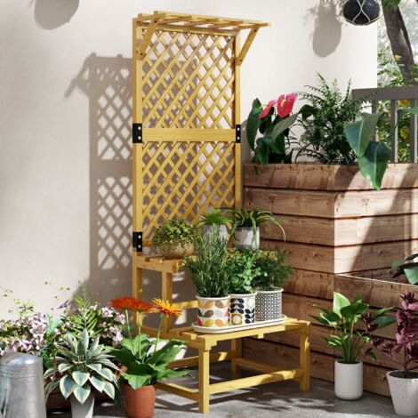 Soporte para Plantas de Madera Estantería para Plantas de 2 Niveles con Enrejado para Jardín Patio Terraza Natural