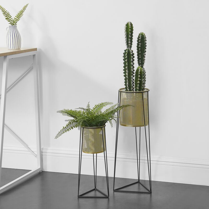 

Soporte para plantas de metal - 2 piezas - 40 cm x 13 cm y 55,5 cm x 17 cm - Estantería para macetas - Bastidor para macetas - Color cobre amarillo y