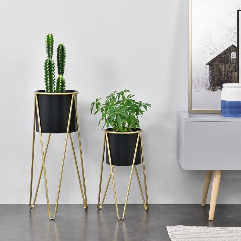 

Soporte para plantas de metal - 2 piezas - 48 x 25 x 25 cm y 70,5 x 32 x 32 cm - Estantería para macetas - Bastidor para macetas - Dorado y Negro