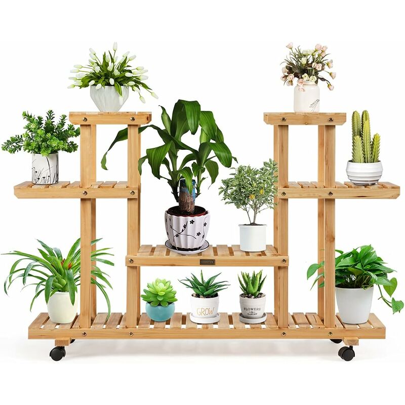 

Soporte para Plantas Flores de Madera Estante Escalera con Ruedas Estante de Macetas para Jardín Balcón Terraza Exterior