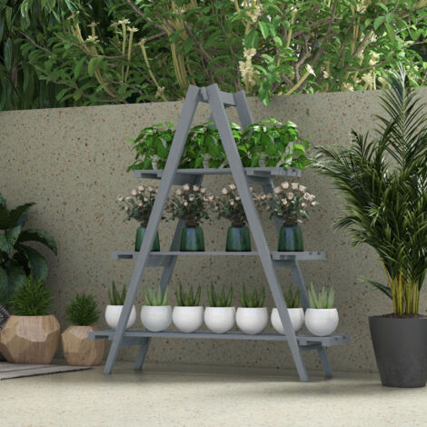 Soporte para Plantas Plegable de Madera Estantería para Macetas de 3 Niveles con Marco en A 100x36x112 cm Gris