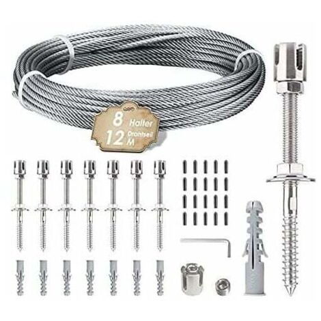 Soporte para plantas trepadoras. Kit de suspensión con cuerda de acero inoxidable de 12 m. Incluye cable de 3 mm y 8 tensores. Apto para jardines, muros de hormigón, paneles de vallas y madera maciza.