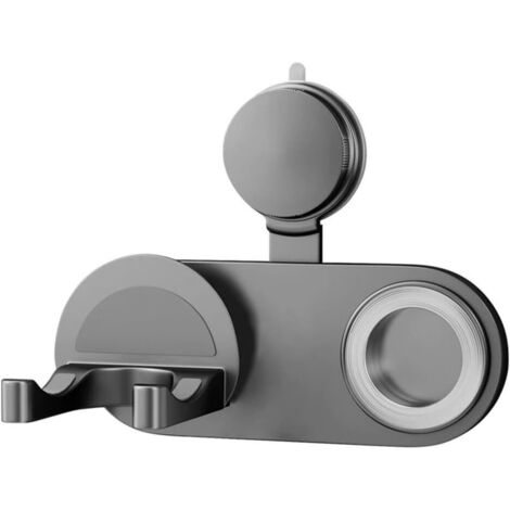 Soporte para secador de pelo con ventosa y compartimento para guardar el cable - Gris