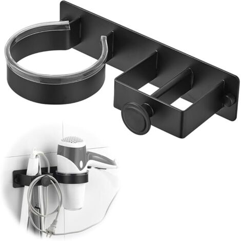 Soporte para secador de pelo de pared sin taladrar, soporte para secador de pelo y plancha, soporte para secador de pelo con soporte para cable, organizador de baño de aluminio multifuncional para bañ