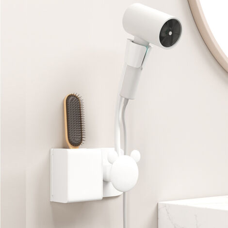 Soporte para secador de pelo, estante de almacenamiento montado en la pared sin perforaciones para baño, soporte para secador de pelo perezoso, altura y dirección ajustables de 180 grados, soporte par