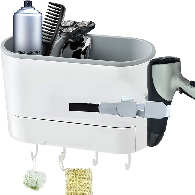 

Soporte para secador de pelo, estante para baño, soporte de pared para inodoro sin perforación, caja de almacenamiento, doble capa, con 4 ganchos,