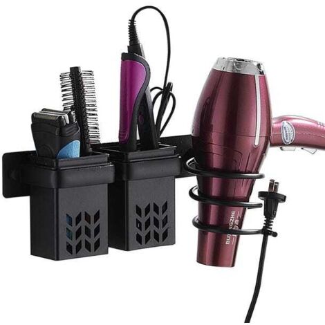 Soporte para secador de pelo, soporte de aluminio para secador y plancha de pelo con almacenamiento de ABS y organizador de cables, soporte multifuncional para baño.