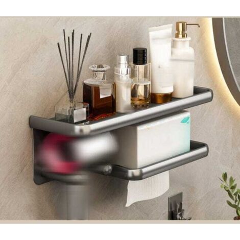 Soporte para secador de pelo y portarrollos de papel higiénico sin necesidad de taladrar, estante de baño, aleación resistente, almacenamiento versátil y ahorro de espacio.