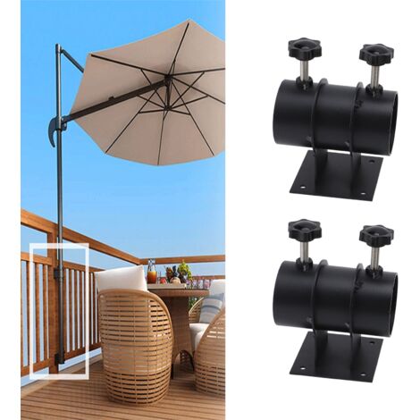 Soporte para sombrilla de terraza, soporte de montaje metálico [Robusto, resistente al viento, material: acero al carbono negro, 1105 g/2,4 lb, 2 piezas, 8 tornillos + 4 pomos]