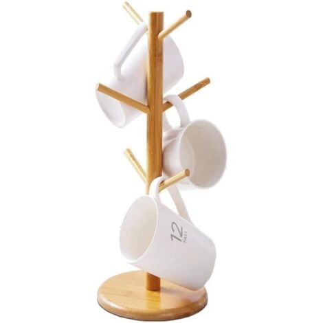 Soporte para tazas de bambú con 6 ganchos, estante para tazas de café, escurridor, diseño natural, organizador de cocina, ahorra espacio, para tazas y vasos.