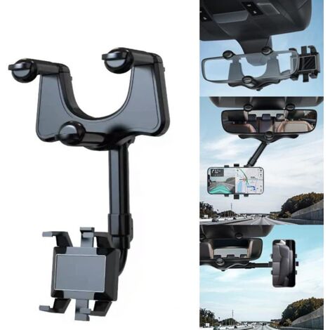 Soporte para teléfono con espejo retrovisor para coche, rotación de 360 grados, longitud ajustable, apto para smartphone y GPS.