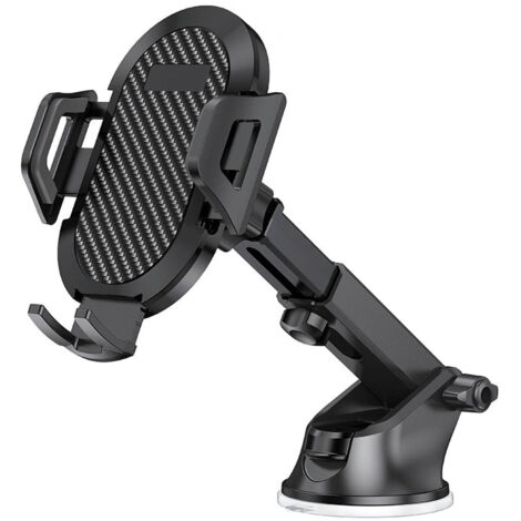 Soporte para teléfono de coche - Soporte universal con ventosa de 12 a 18 cm para parabrisas, salpicadero o escritorio - Diseño estilo fibra de carbono, antivibración y ajustable 360°