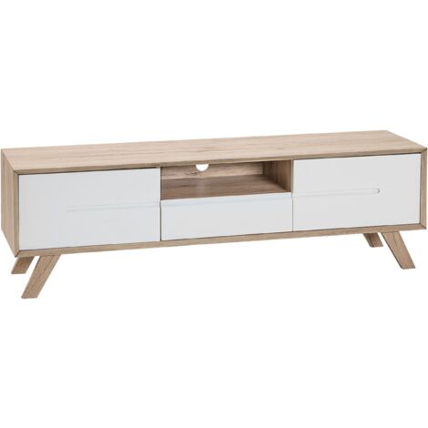 Soporte para TV enchapado en madera clara y blanca para TV de hasta 64ʺ con 2 gabinetes y cajón Forester