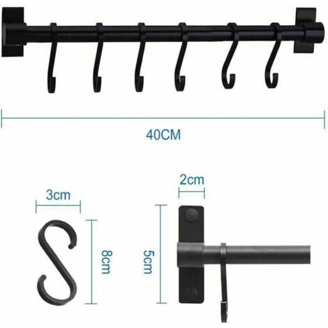 Soporte para utensilios de cocina, barra de 40 cm con 6 ganchos extraíbles (negro)