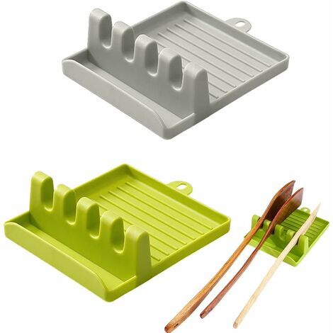 Soporte para utensilios de cocina de 2 piezas, soporte para utensilios de cocina de plástico, soporte para cucharas de silicona para cocinar, espátula, soporte para sartenes (verde y gris)