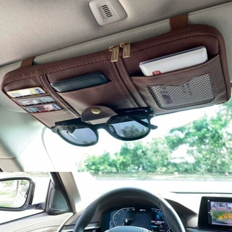Soporte para visera de coche, de piel sintética, organizador de CD/DVD, para tarjetas bancarias y gafas de sol, multiusos, color marrón