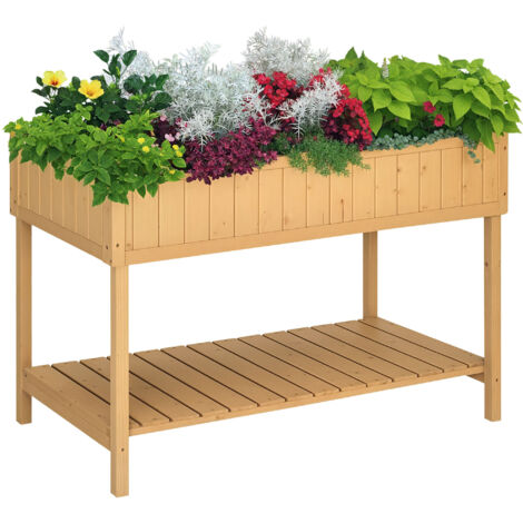 Soporte rectangular elevado para plantas de madera de abeto con 8 compartimentos, tono roble.