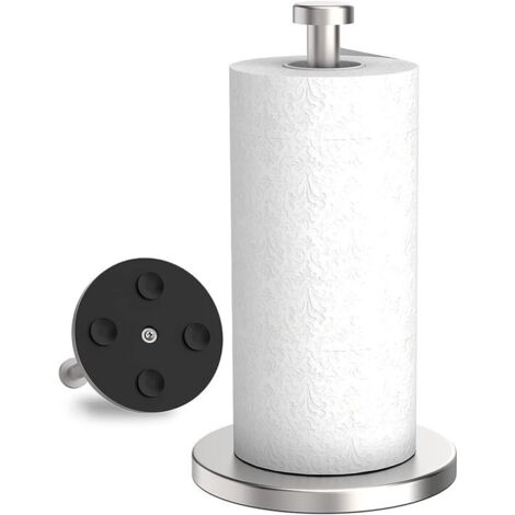 Soporte vertical para rollos de papel de cocina con base de succión lastrada, fabricado en acero inoxidable, apto para rollos de papel de cocina de tamaño estándar y grande, para una organización ópti