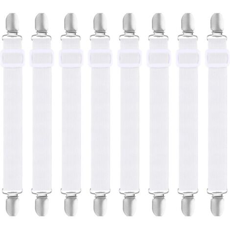 soportes ajustables para sábanas, elásticos, con pinzas metálicas, para colchón y tabla de planchar, color blanco (2,5 x 130 cm)