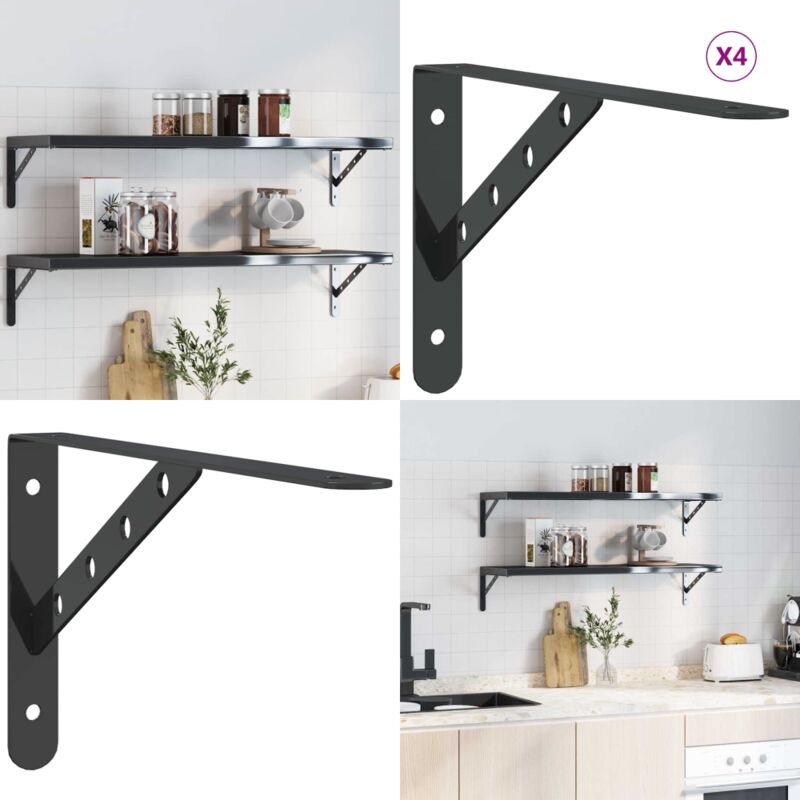 Soportes de estante 4 uds acero inoxidable negro 30x2,5x15,5 cm - Soportes de acero inoxidable - Soportes para pared