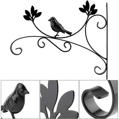 Soportes de metal para cestas colgantes con forma de pájaro negro para jardín y balcón.