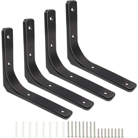 Soportes para estantes de pared, 4 soportes metálicos de 150 mm x 200 mm, resistentes, acabado negro brillante, para colgar estantes, armarios y decoración.