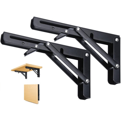 Soportes plegables de 2 piezas, escuadras plegables negras de 300 mm, soportes plegables de pared, para mesas, estantes de pared, garajes, cocinas, dormitorios y oficinas, ahorran espacio