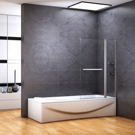 Sopravasca Parete Doccia Per Vasca Girevole 180° Vetro Temperato 6mm Trasparente Inclusi Due Ripiani Maniglia Portasciugamani Telaio Cromo Lucido 100x140cm