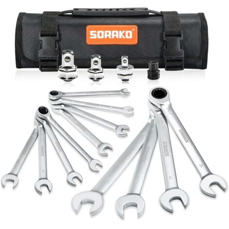 SORAKO Jeu de clés à cliquet fixes à double usage 16 Pièces,Ensemble de clés mixtes à cliquet réversibles, clés mixtes