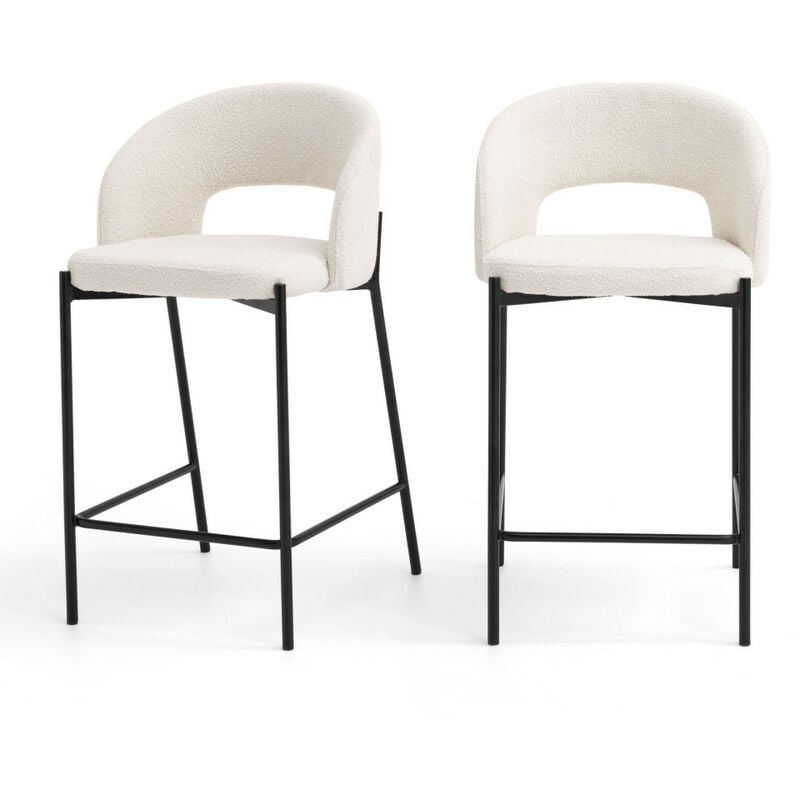 Lot de 2 chaises de bar en tissu bouclette et métal H65cm - Écru - Soren