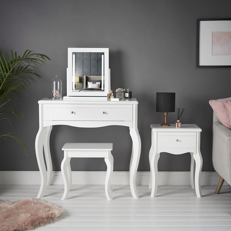 Carme Home - Sorrento - White Dressing Table Side Table With Drawer Rose Gold Handles Stool and Mirror with LED Lights Four Piece Set