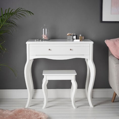 main image of "Sorrento - White Dressing Table With Drawer Rose Gold Handle Vintage Design and Stool Set"
