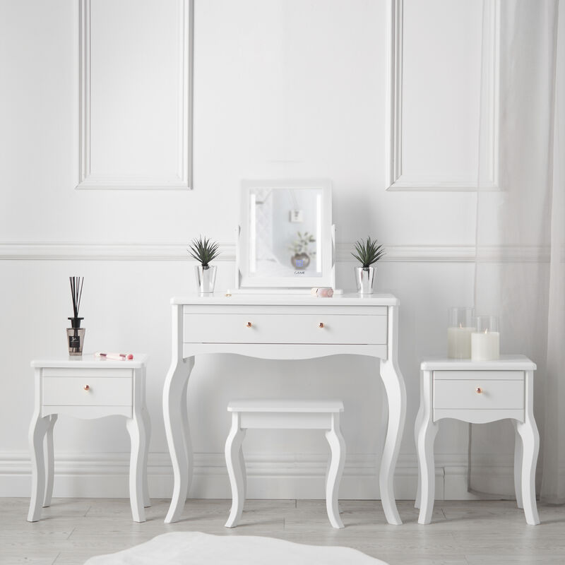 Carme Home - Sorrento White Vintage Set Dressing Table with Drawer LED Jewellery Cabinet Mirror Stool Two Bedsides