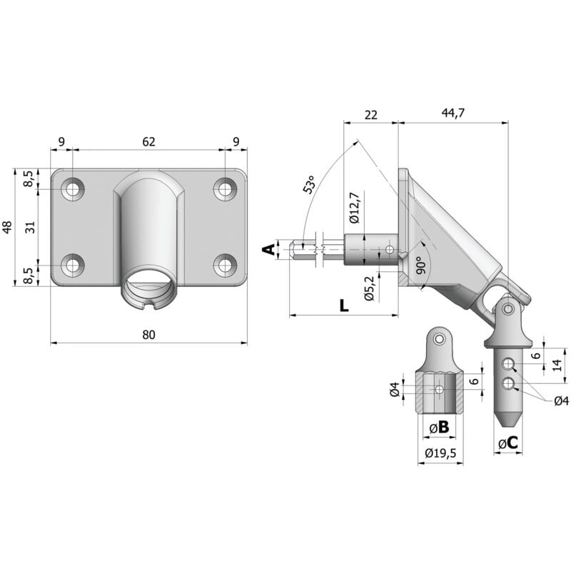 Cherubini - Sortie de caisson 90° F13 platine zamac 80x48mm carrée 81430 RAL901 – 78458043V13NK