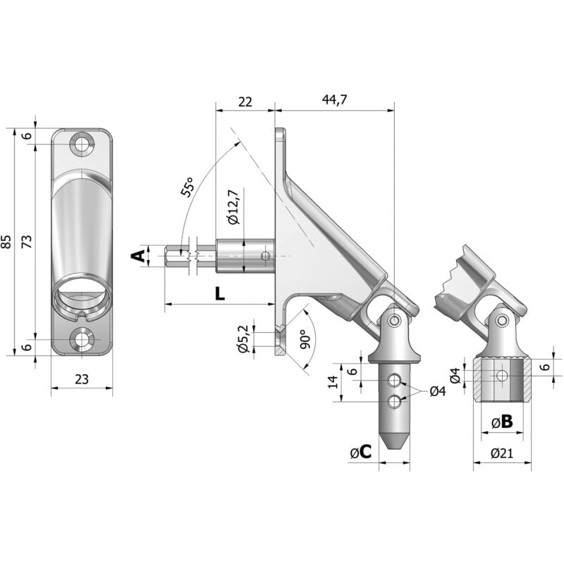Sortie 90° pivot 9,9mm platine zamac 85x22mm nickelé - cherubini - 78407038M10NK