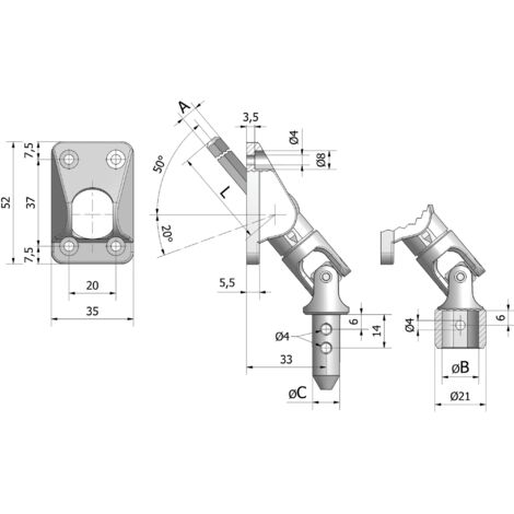 Sortie de caisson 50° tringle en acier hexagonale + platine nylon 35 x 52 mm CHERUBINI 77437030V1316M