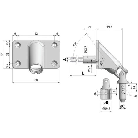 Sortie de caisson 90° tige d'entrainement acier hexagonale + platine zamac 80x48mm nickelé – CHERUBINI - 78457038V13NKM