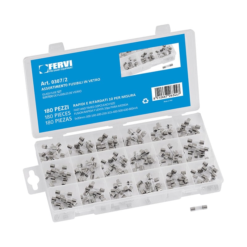 Fervi - sortiment de 180 fusibles en verre fusible 100 - 800 mA 0307/2