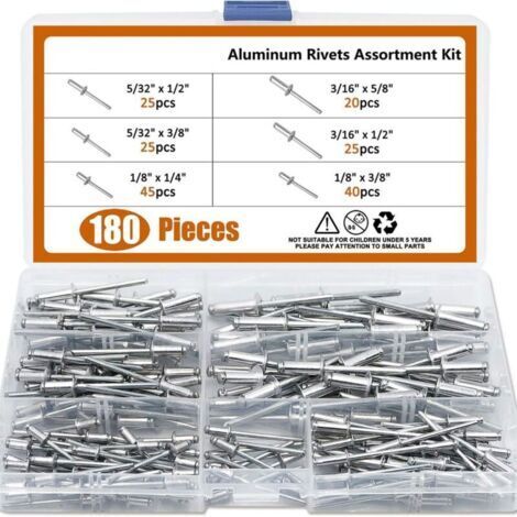 Sortiment von 180 Aluminium-Biegekopfnieten mit Aluminiumkörper, erhältlich in 6 Größen.