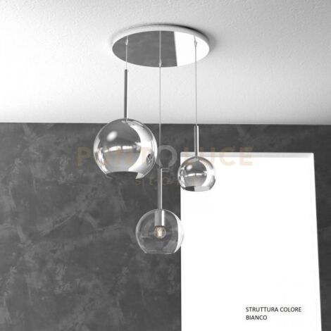 SOSP. BIANCO TONDA 3 LUCI VETRI 1 GRANDE CROMO+1 MEDIO TRASPARENTE+1 PICCOLO CROMO 1155BI-S3 TMIX-TC