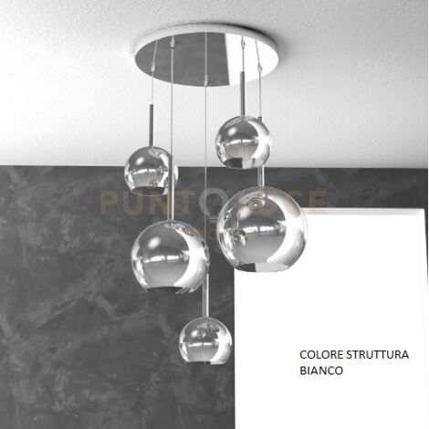 SOSP. BIANCO TONDA 5 LUCI VETRI (1 GRANDE+1 MEDIO+3 PICCOLO) TUTTI CROMO 1155BI-S5 TMIX-CR