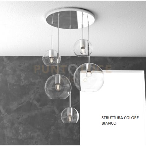 SOSP. BIANCO TONDA 5 LUCI VETRI (1 GRANDE+1 MEDIO+3 PICCOLO) TUTTI TRASPARENTE 1155BI-S5 TMIX-TR